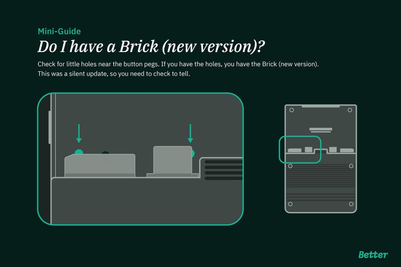 Peut inclure: Graphique vert fonc&eacute; avec le texte "Mini-Guide" et "Do I have a Brick (new version)?" L'image montre un sch&eacute;ma d'un appareil avec des fl&egrave;ches pointant vers de petits trous. Le texte explique comment identifier la nouvelle version.