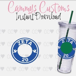 Könnte beinhalten: Ein blauer und weißer Kreis mit dem Text "ZETA" und der Zahl "20" darin. Zwei weiße Tauben befinden sich auf beiden Seiten des Kreises. Ein durchsichtiger Becher mit einem grünen Kreis und dem Text "ZETA" und der Zahl "20" an der Seite.