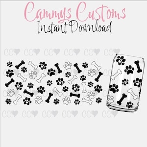 May include: A digital design featuring black paw prints and bone shapes on a white background. The design is shown on a clear glass tumbler.