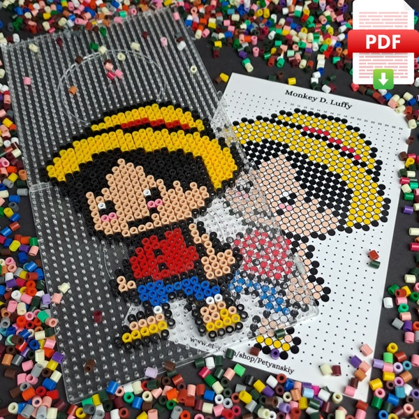 Eéndelig Luffy Perler-kralenpatroon. Sjabloon Pixel Art Hama Kralen Strijkkralen IJzerkralen 8bit