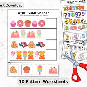 10 Pages What Comes Next Pattern Worksheets | Toddler Pattern Cut and Paste Worksheets | Motor Skill | Identifying Pattern | Kindergarten