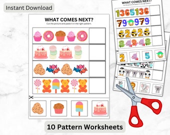 10 Pages What Comes Next Pattern Worksheets | Toddler Pattern Cut and Paste Worksheets | Motor Skill | Identifying Pattern | Kindergarten