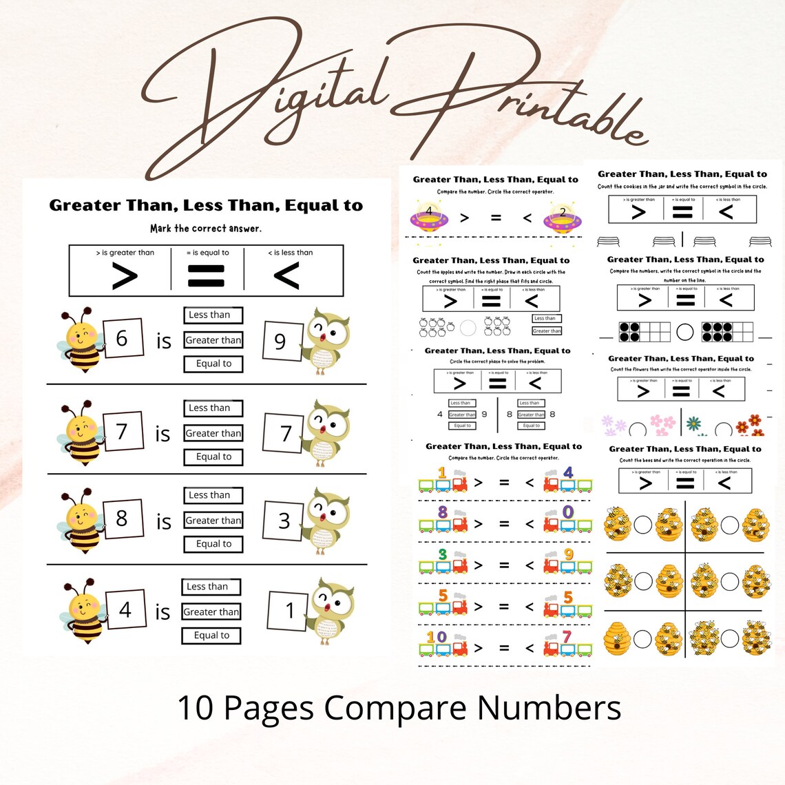 First Grade Math Number Worksheet, Greater Than, Less Than, Equal Than