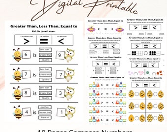 First Grade Math Number Worksheet, Greater Than, Less Than, Equal Than Numbers worksheet for Homeschool, Montessori, Kindergarten kids