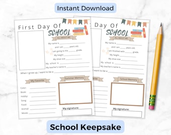 Schule Memory Box Andenken für Kinder | Erster und letzter Tag Printable | Vorstellungsgespräch Back To School Fragebogen | Schuljahr Meilenstein Andenken