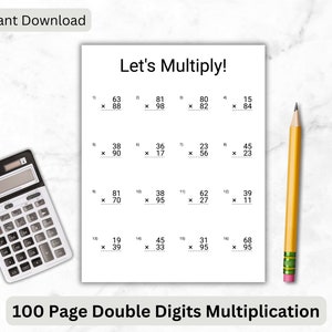Può includere: Un foglio di lavoro stampabile con il titolo "Let's Multiply!" e 16 problemi di moltiplicazione a due cifre. Il foglio di lavoro è progettato per aiutare gli studenti a esercitarsi nelle loro capacità di moltiplicazione.