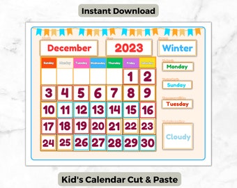 Kids Calendar Printable | Cut & Paste Activity, Weather Chart (Digital Download)