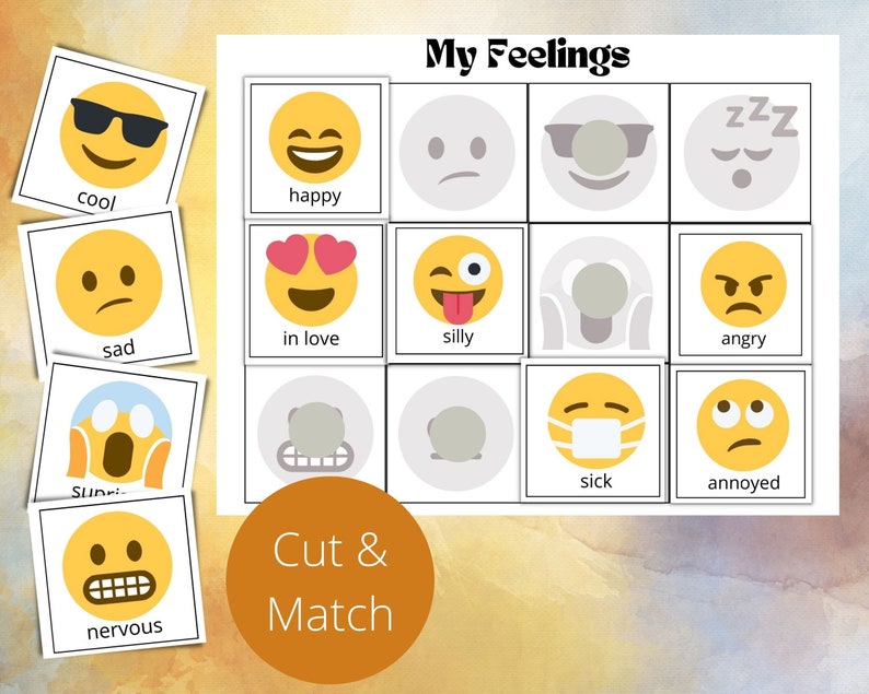May include: A printable set of 12 cards featuring different emojis representing feelings. The cards are labeled with the corresponding feeling, such as "happy", "sad", "angry", and "nervous". The title of the set is "My Feelings" and there is a call to action to "Cut & Match".