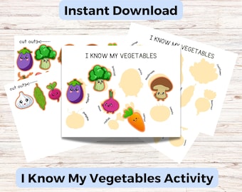May include: A printable "I Know My Vegetables Activity" featuring colorful illustrations of vegetables like broccoli, eggplant, and carrots. The text "Instant Download" and "cut outs" are visible. The activity is designed for educational purposes.