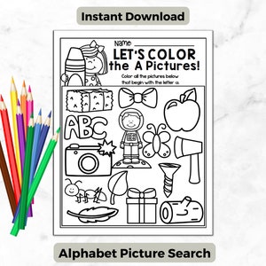 Página para colorear de búsqueda de imágenes del alfabeto / Reconocimiento de letras del alfabeto / Hoja de trabajo de actividades para colorear de la A a la Z / Hoja de trabajo para niños