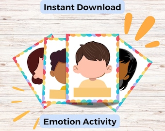 Op de afbeelding: Een set van vier emotie-activiteitenkaarten met diverse cartoongezichten, elk met een leeg vak voor expressie. De kaarten hebben kleurrijke geschulpte randen en de tekst "Instant Download" en "Emotion Activity".