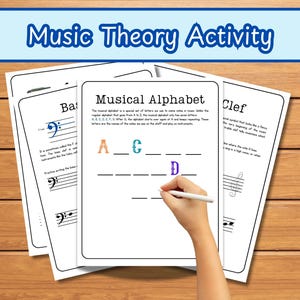 May include: A collection of music theory activity sheets with the title "Music Theory Activity" in a blue banner. The sheets include musical alphabet exercises, bass clef practice, and clef identification. A hand is holding a pen, completing a musical alphabet exercise.