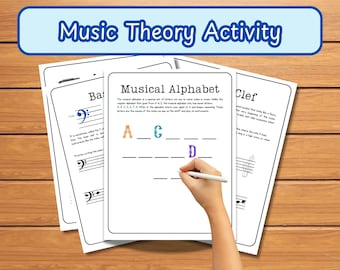 May include: A stack of music theory activity sheets with the title "Music Theory Activity" in a blue banner. The sheets feature musical alphabet exercises, bass clef practice, and clef identification. A hand is holding a pen, completing a musical alphabet exercise.