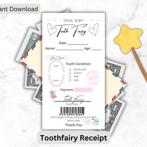 Tooth Fairy Receipt Printable, Lost First Tooth Certificate Template, Baby Tooth Record Chart Girl, Digital Tooth Fairy Print Idea