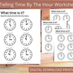 May include: A set of printable worksheets for learning to tell time. Each worksheet features clock faces with hands indicating different times, accompanied by space to write the time. The title "What time is it?" is displayed.