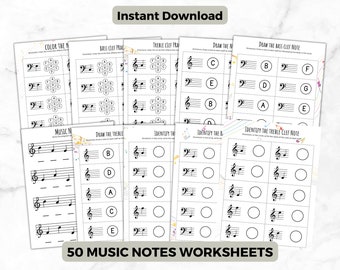 May include: A collection of 50 music notes worksheets with various exercises, including coloring, drawing, and identifying notes on the staff. The worksheets are printed on white paper with black text and musical symbols. The words "Instant Download" and "50 Music Notes Worksheets" are visible.