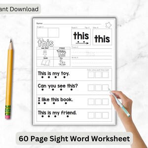 May include: Black and white printable worksheet for learning the sight word "this". The worksheet includes activities such as tracing, writing, and coloring.