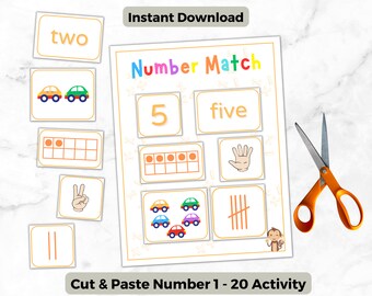 Number 1-20 Cut & Paste Activity: Montessori Preschool Worksheet (Digital Download)