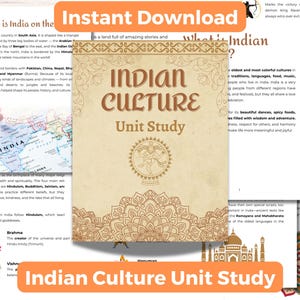 May include: A digital download titled "Indian Culture Unit Study" with a decorative border. The cover features the title in a stylized font, a mandala design, and the words "Instant Download". The image includes text about Indian culture.