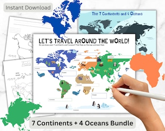 Continents and Oceans Geography Learning Map: Kids Printable Worksheets (Digital Download)