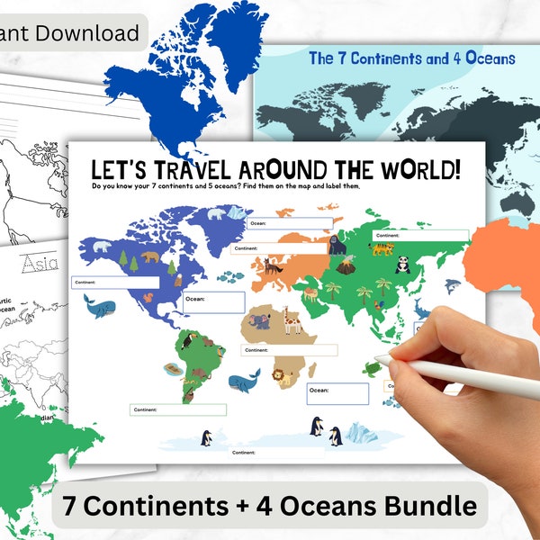 7 Continent and 4 Ocean Geography Learning Map Location Continent Worksheets for Kids Toddler Curriculum Kindergarten - 1st grade Printable