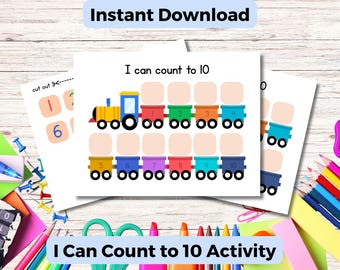 May include: Educational printable activity sheets with the text "I Can Count to 10 Activity" and "Instant Download". The sheets feature a colorful train with numbered train cars and cut-out number cards for counting practice.