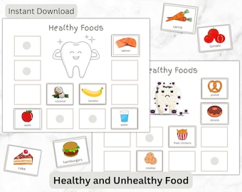 May include: A printable educational chart titled "Healthy Foods" and "Healthy and Unhealthy Food". The chart features illustrations of various foods, including a smiling tooth, salmon, carrots, tomatoes, coconut, banana, apple, water, cake, hamburgers, cookies, fried chicken, pretzels, and donuts.