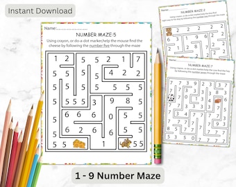 May include: A set of printable number mazes for kids. The mazes feature a mouse, a dog, and a cow. The mazes are designed to help children learn to count and follow directions. The text on the page says "Number Maze" and "1-9 Number Maze".