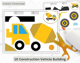 May include: A printable construction vehicle building activity for kids. The printable features a yellow cement mixer truck with a black cab and blue windows. The printable includes cut-out pieces for the truck, wheels, and a cement mixer. The printable also includes instructions to cut out the pieces and glue them together. The text "1 CUT OUT" and "2 GLUE" is included on the printable.