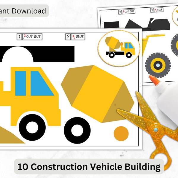 Construction Vehicles Cut and Paste Together Picture for Toddler, Busy Binder Book, Preschool, Homeschool, Kindergarten Worksheets Printable