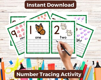 May include: Educational number tracing activity sheets with the words "Instant Download" and "Number Tracing Activity" on the image. The sheets feature numbers, words, and illustrations of a butterfly, kittens, and other objects.