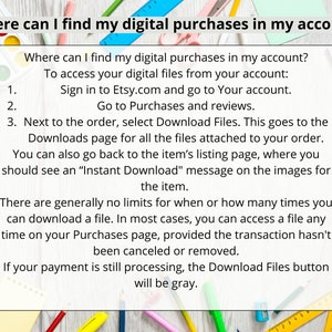May include: A white background with black text explaining how to find digital purchases on Etsy.com. The text includes instructions on how to access digital files from your account, how to go to the Downloads page, and how to find the "Instant Download" message on the images for the item.