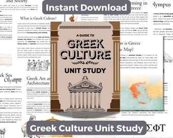 May include: A printable educational resource titled "A Guide to Greek Culture Unit Study." The cover features a classical building illustration and the text "Instant Download." Surrounding text provides information on Greek culture, art, and the Olympics.