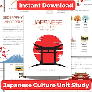May include: A collection of educational materials on Japanese culture. The cover features a red sun with a black torii gate, and the text "Japanese Culture Unit Study" is displayed in a red banner. Other pages cover geography, landmarks, and seasonal topics.