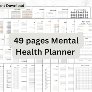 Puede incluir: Un planificador de salud mental imprimible de 49 páginas con un esquema de color gris y blanco. El planificador incluye páginas para hacer un seguimiento del sueño, los hábitos, la salud física, la medicación, la ingesta de agua, las actividades de autocuidado, la comida diaria, el estrés, la productividad, la manifestación, la gratitud diaria y mucho más.