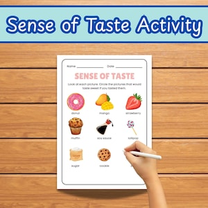 Op de afbeelding: Een werkblad getiteld "Sense of Taste Activity" met illustraties van voedingsmiddelen zoals een donut, mango en aardbei. Het werkblad ligt op een houten oppervlak. Een hand houdt een pen vast, klaar om de zoete items te omcirkelen.