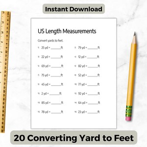 May include: A printable worksheet with 20 math problems for converting yards to feet. The worksheet is titled "US Length Measurements" and "20 Converting Yard to Feet".