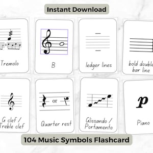 Simboli musicali e note Flash Card / Chiave di sol sol basso Fa / Attività di apprendimento della teoria musicale / Impara la musica di base / 104 Flashcard per lo studio della musica