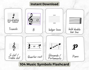 Símbolos musicales y notas Tarjetas flash / Treble G Bass F Clef / Actividad de aprendizaje de teoría musical / Aprender música básica / 104 Study Music Flashcard
