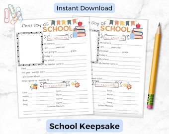 Schule Memory Box Andenken für Kinder | Erster und letzter Tag Printable | Vorstellungsgespräch Back To School Fragebogen | Schuljahr Meilenstein Andenken