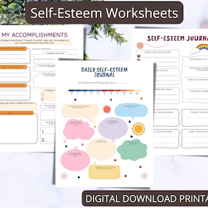 Daily Self-Esteem Journal Printable Worksheet Child Therapy Counseling Kids Teens Mental Health Self-Confidence Children Therapist Counselor