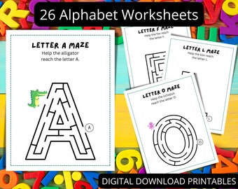 Folhas de atividades do alfabeto pré-escolar: sons de letras e atividade de labirinto (download digital)