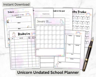 Einhorn Undatiert Homeschool Planer | Druckbarer Planer | Studentenplaner | Schulplaner für Kinder | Täglicher Schulplaner | 20 Seiten