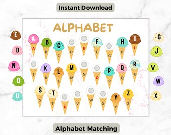 May include: A printable alphabet matching game featuring ice cream cones with letters on them. The letters are in different colors and are arranged in a grid. The game is designed to help children learn the alphabet.
