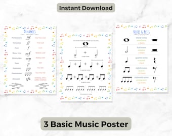 May include: Three colourful posters with musical notes and symbols. The first poster shows musical dynamics with terms like fortissimo, piano, and sforzando. The second poster shows the different note values with their corresponding rests. The third poster shows the different note values with their corresponding rests. The posters have a colourful background with musical notes.