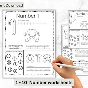 Number 1 - 10 worksheets for toddler, preschooler, homeschooler, school digital printable, number activity learn tracing number, Montessori