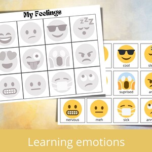 May include: A printable learning activity for kids to identify different emotions. The worksheet features a grid of 12 gray and white emoji faces, with labels for each emotion: cool, sleepy, surprised, angry, nervous, meh, sick, and annoyed. The worksheet is titled "My Feelings".