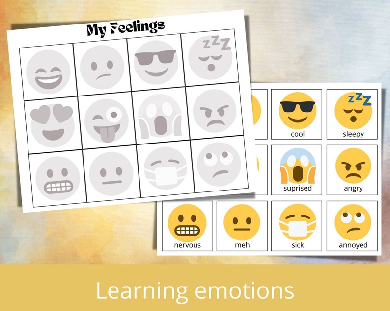 May include: A printable learning activity for kids to identify different emotions. The worksheet features a grid of 12 gray and white emoji faces, with labels for each emotion: cool, sleepy, surprised, angry, nervous, meh, sick, and annoyed. The worksheet is titled "My Feelings".