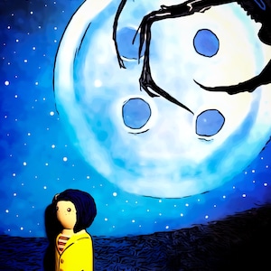 May include: Illustration of a girl in a yellow coat and blue pants, holding a black cat, standing before a large, blue moon with button-shaped holes. The background is a starry night with dark, stylized trees.