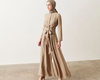 BEIGE JUMPSUIT | Jumpsuit Women | Sustainable | Wrap Around Belt | Summer Wear | Full Sleeves | Modest Wear